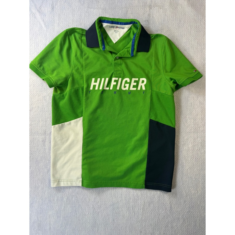 Tommy Hilfiger Sport Mens Small Green Colorblock Short Sleeve Polo Shirt Graphic